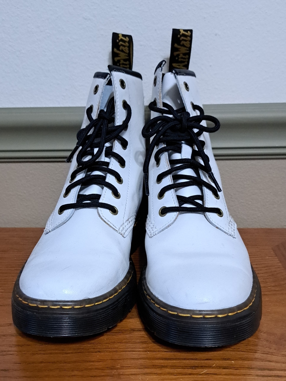 Dr. Martens White Leather Lace-Up Boots with Black Laces